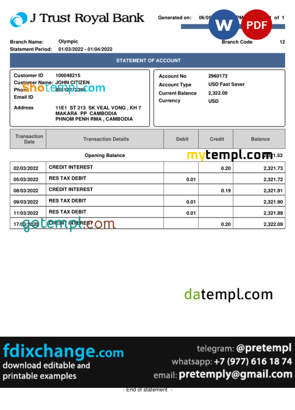 download Cambodia J Trust Royal bank statement template free fonts