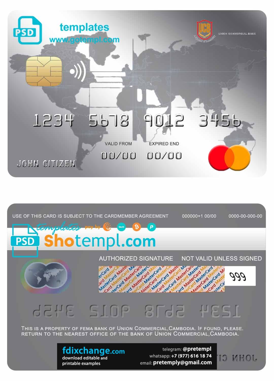 download Cambodia Union Commercial bank mastercard credit card template free fonts, fully editable