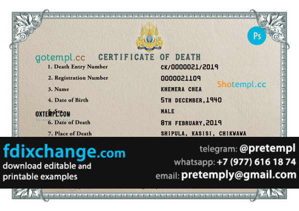 download Cambodia vital record death certificate template free fonts