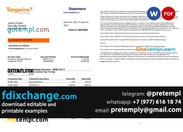 download Canada Tangerine bank statement template free fonts, 2 pages