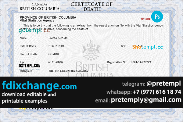 download Canada vital record death certificate template free fonts