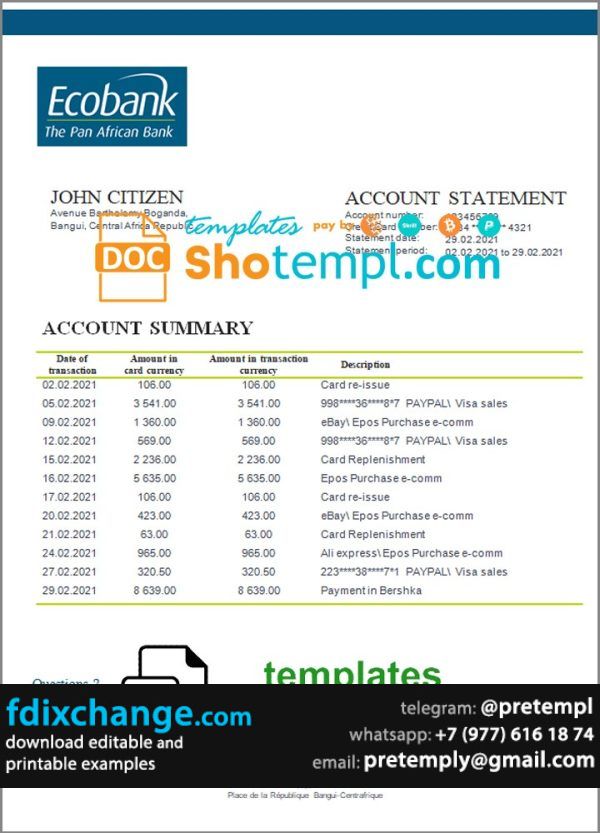 download Central African Republic Ecobank bank statement template free fonts
