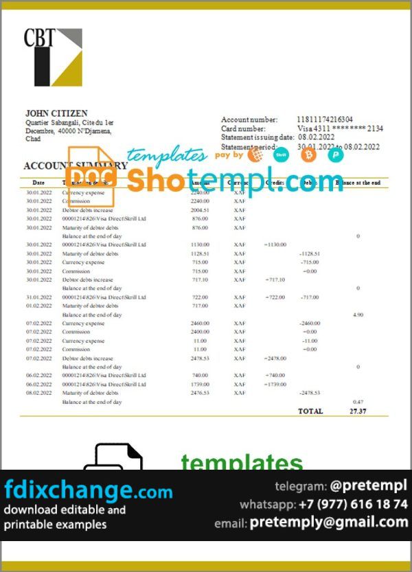 download Chad Commercial Bank of Tchad bank statement template free fonts