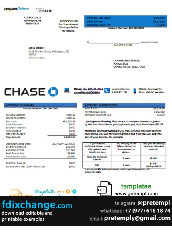 download USA Chase bank credit card statement template