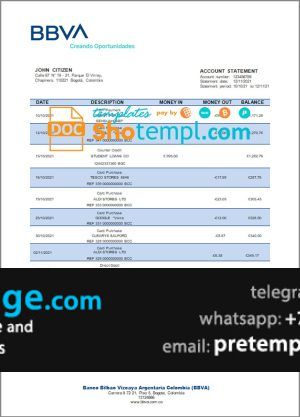 download Colombia BBVA bank statement template free fonts