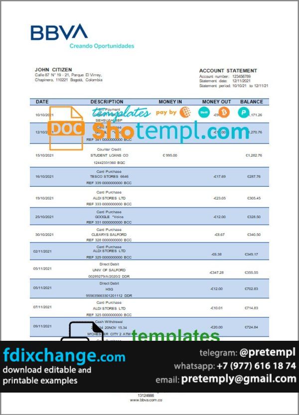 download Colombia BBVA bank statement template free fonts