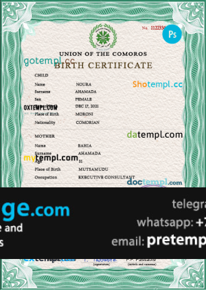 download Comoros vital record birth certificate template free fonts