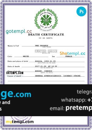download Comoros death certificate template free fonts, completely editable