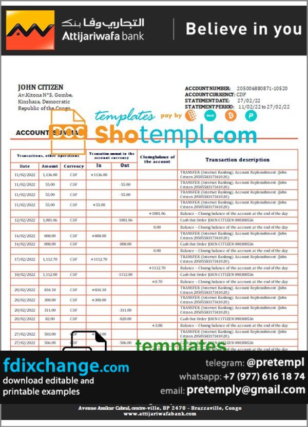 download Congo Credit du Congo bank statement template free fonts