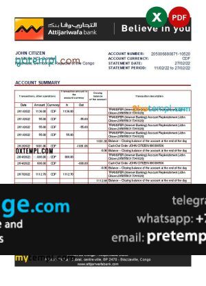 download Congo Credit du Congo bank statement template free fonts (AutoSum)