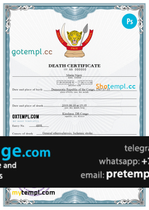 download Congo (Democratic Republic of the Congo) vital record death certificate template free fonts, completely editable