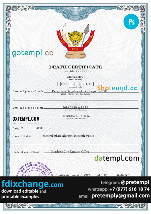 download Congo (Democratic Republic of the Congo) vital record death certificate template free fonts, completely editable