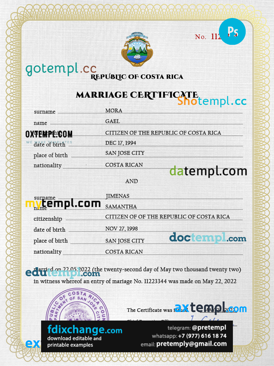 download Costa Rica marriage certificate template free fonts