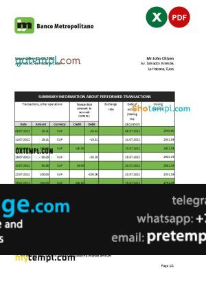 download Cuba Banco Metropolitano bank statement template free fonts