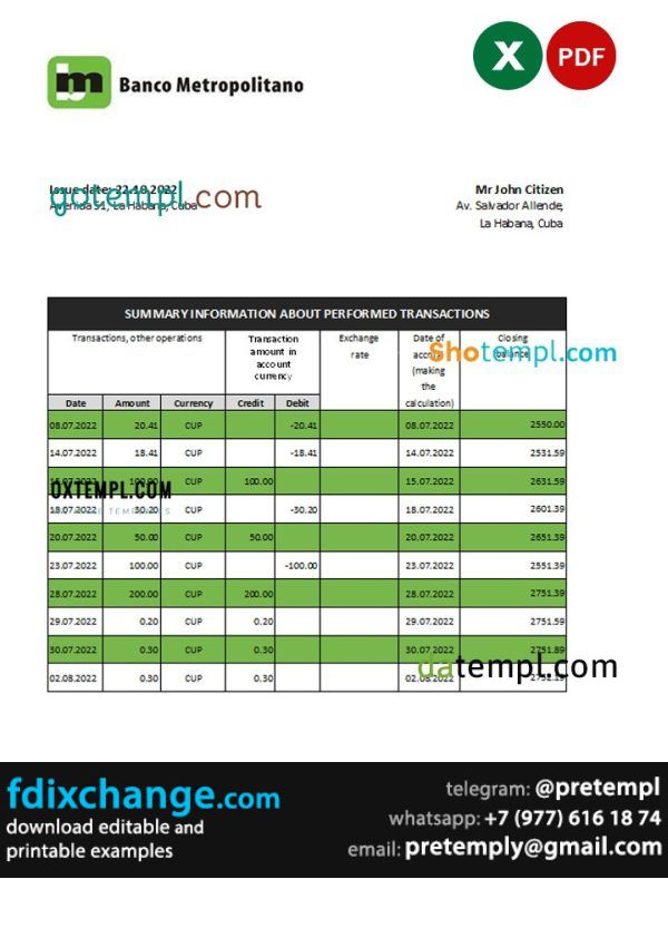 download Cuba Banco Metropolitano bank statement template free fonts