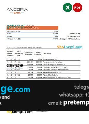 download Cyprus Ancoria bank statement template free fonts