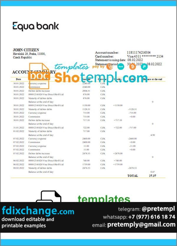 download Czechia Equabank bank statement template free fonts