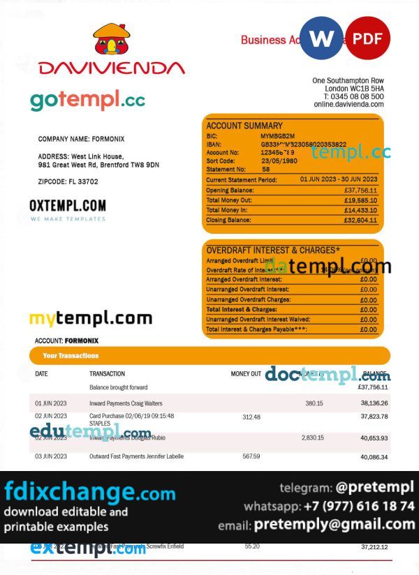 download DAVIVIENDA Bank company checking account statement template free fonts