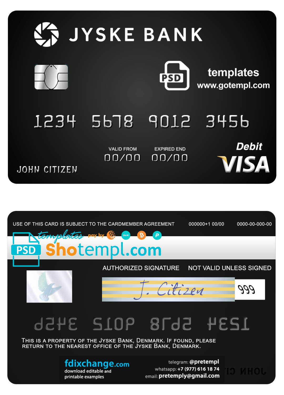 download Denmark Jyske Bank visa debit card template free fonts