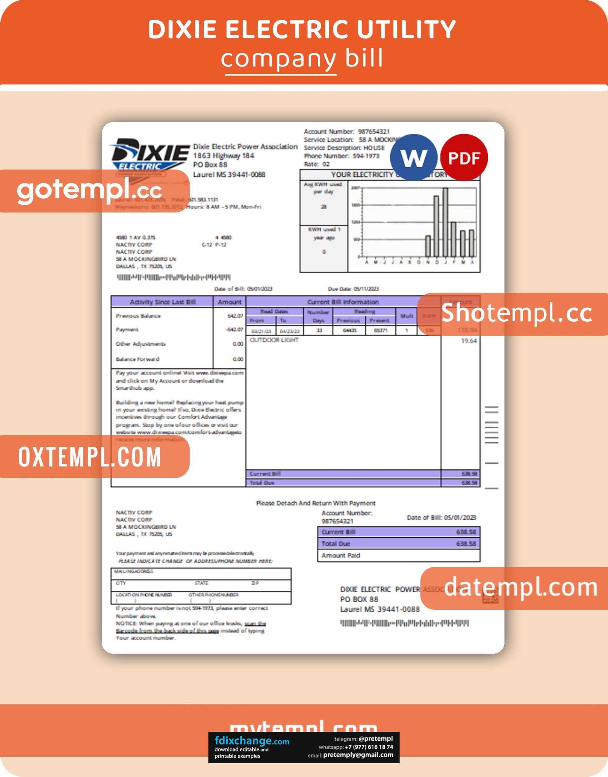 download Dixie Electric business utility bill template free fonts