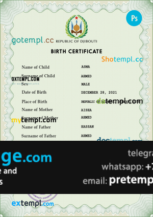 download Djibouti vital record birth certificate template free fonts