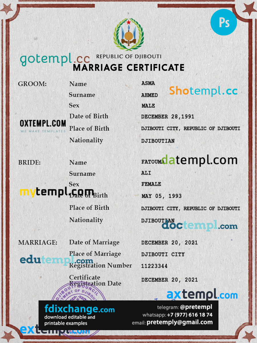 download Djibouti marriage certificate template free fonts