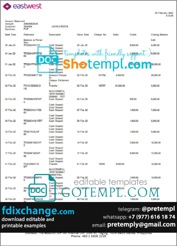 download Philippines EastWest bank statement template free fonts
