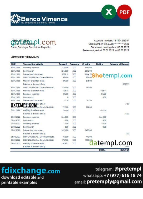 download Dominican Republic Banco Vimenca bank statement template free fonts