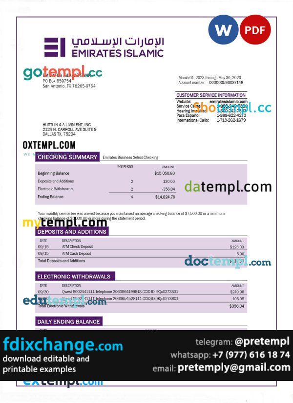 download Emirates Islamic Bank firm account statement template free fonts