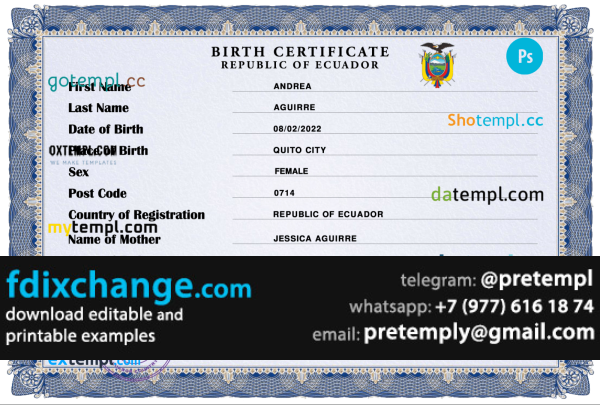 download Ecuador birth certificate template free fonts, completely editable