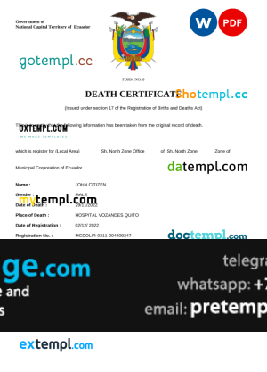 download Ecuador vital record death certificate template free fonts