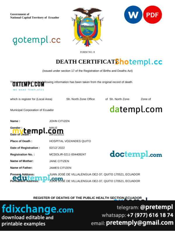 download Ecuador vital record death certificate template free fonts