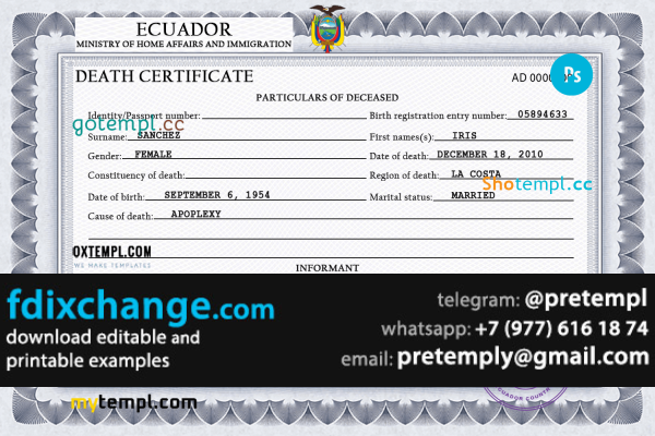 download Ecuador vital record death certificate template free fonts, completely editable