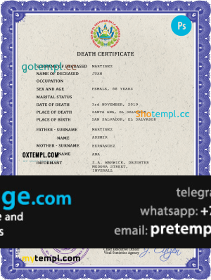 download El Salvador vital record death certificate template free fonts
