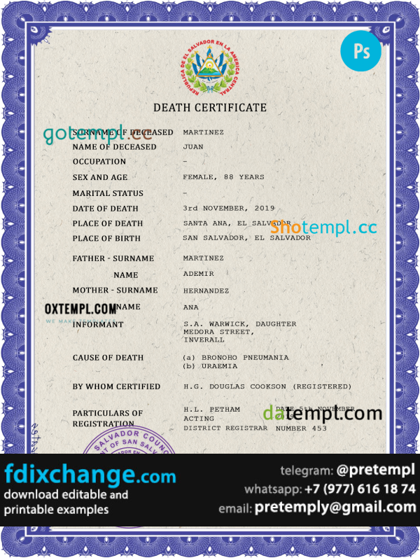download El Salvador vital record death certificate template free fonts