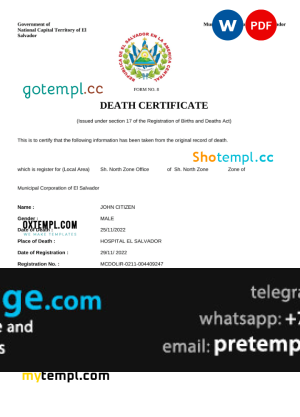 download El Salvador vital record death certificate template free fonts