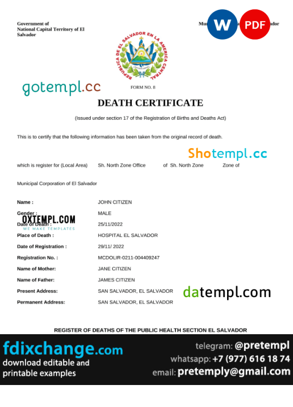 download El Salvador vital record death certificate template free fonts