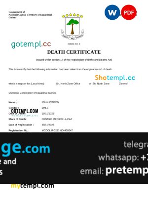 download Equatorial Guinea death certificate template free fonts, completely editable