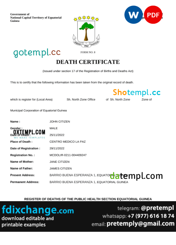 download Equatorial Guinea death certificate template free fonts, completely editable
