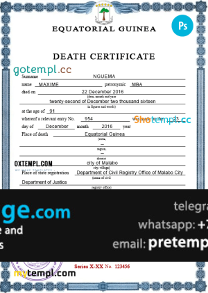 download Equatorial Guinea death certificate template free fonts, completely editable