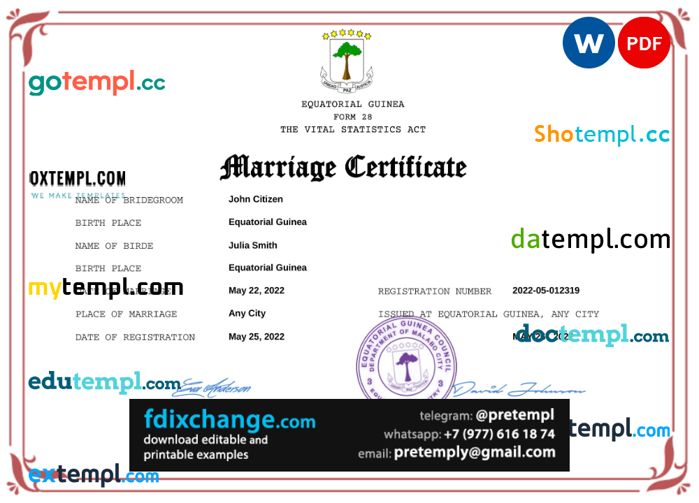 download Equatorial Guinea marriage certificate template free fonts, fully editable