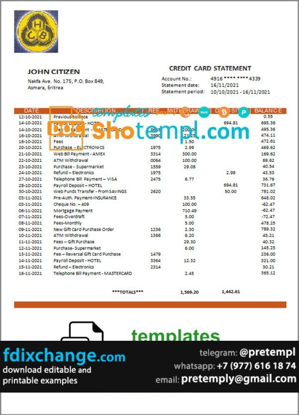 download Eritrea Housing and Commerce bank statement template free fonts