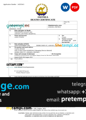 download Eritrea vital record death certificate template free fonts