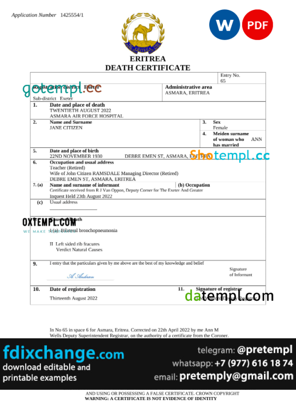 download Eritrea vital record death certificate template free fonts