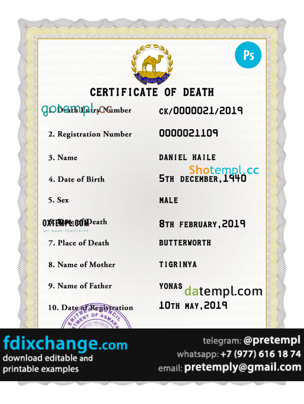 download Eritrea vital record death certificate template free fonts