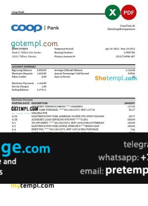 download Estonia Coop Pank bank statement template free fonts