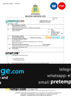 download Estonia death certificate template free fonts, completely editable