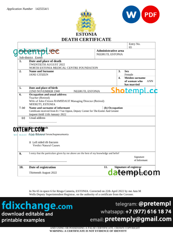 download Estonia death certificate template free fonts, completely editable