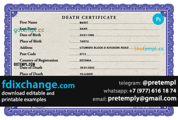 download Estonia death certificate template free fonts, completely editable