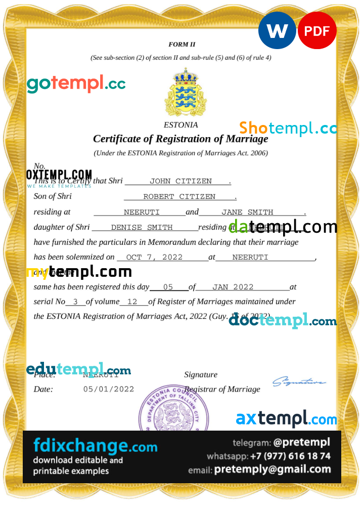 download Estonia marriage certificate template free fonts, fully editable